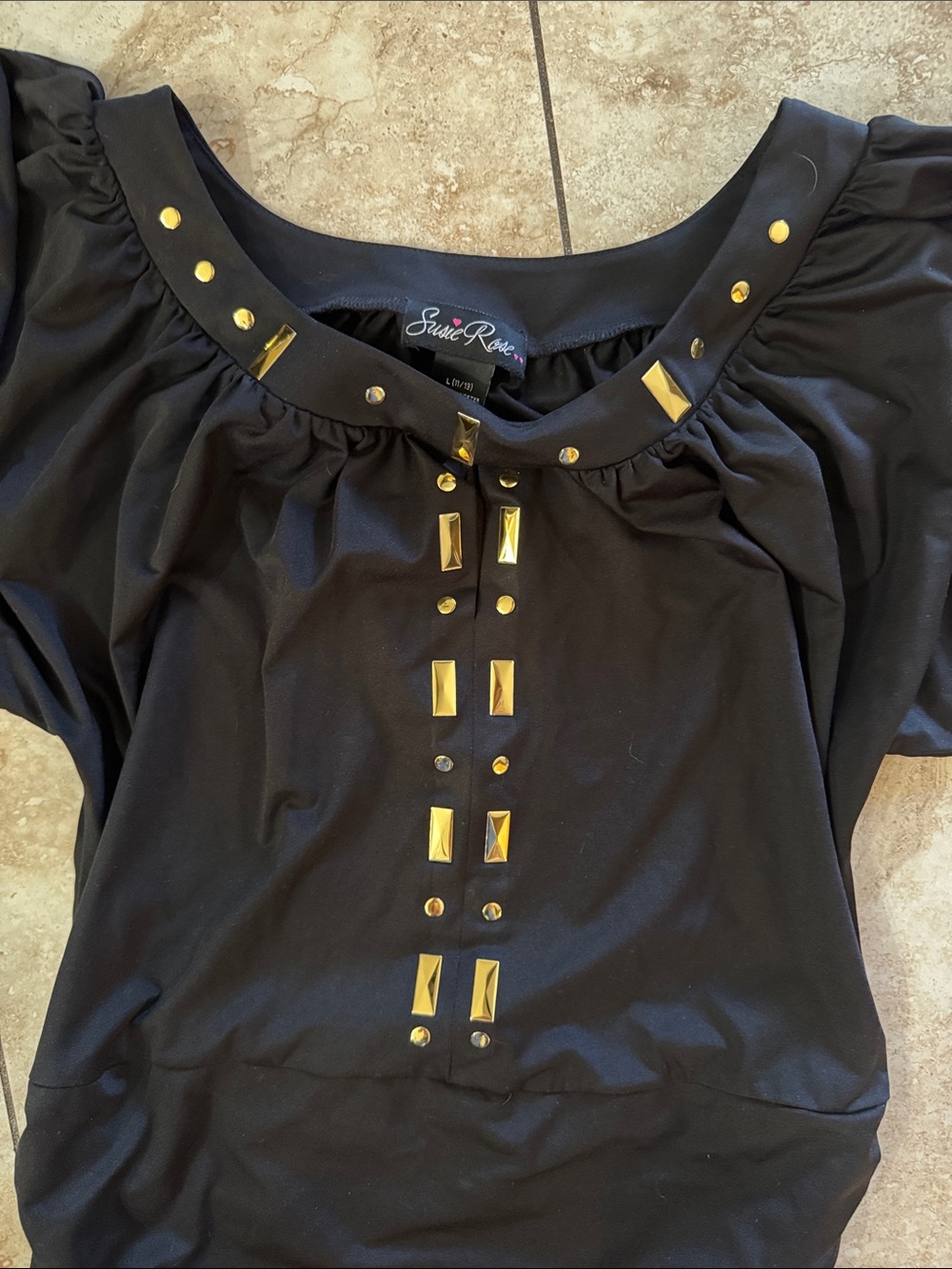 Susie‎ Rose Black Short Puff Sleeve Top with Gold Stud Accents